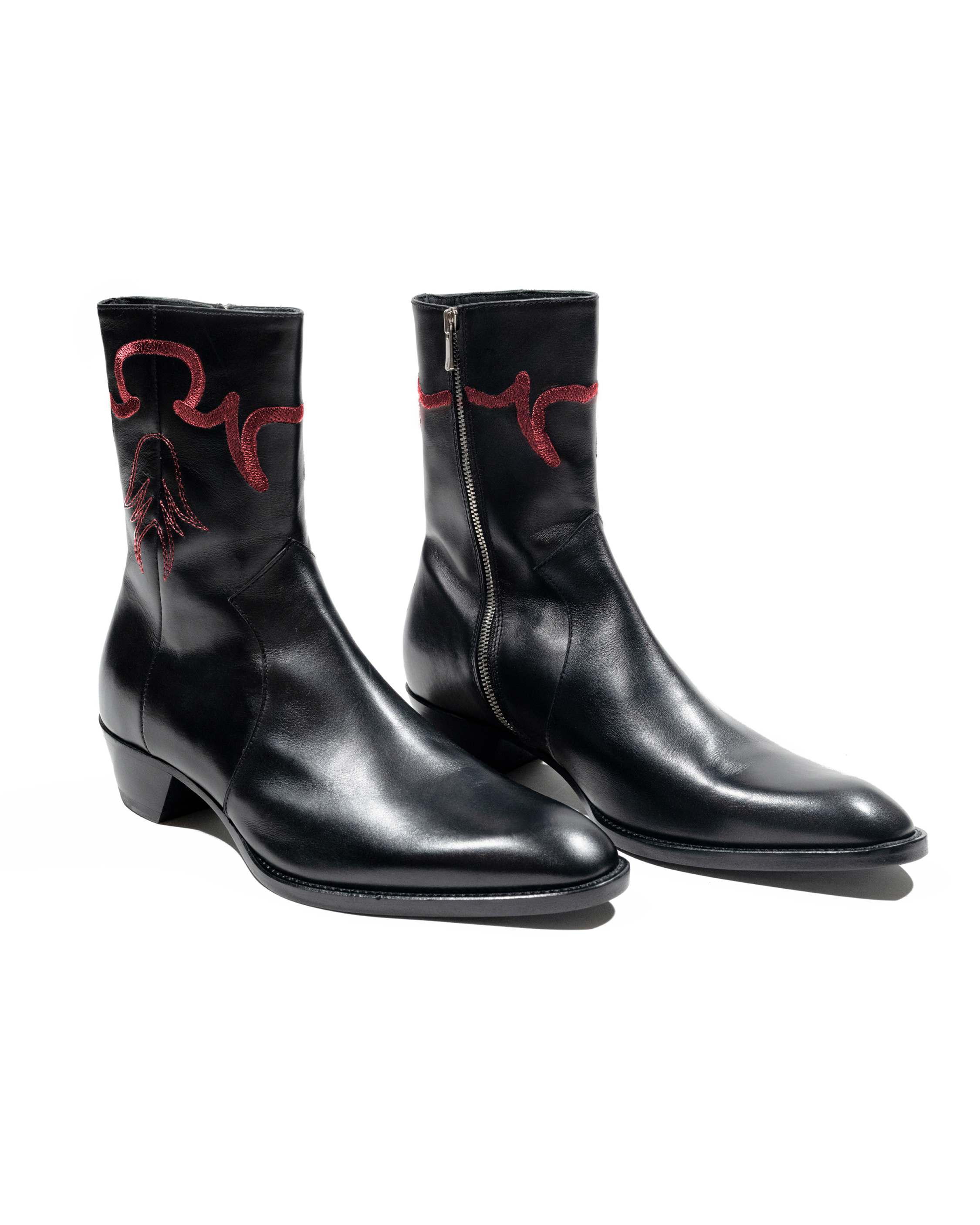 JJL Western Boots in Black Leather with Red Embroidery