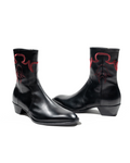 JJL Western Boots in Black Leather with Red Embroidery