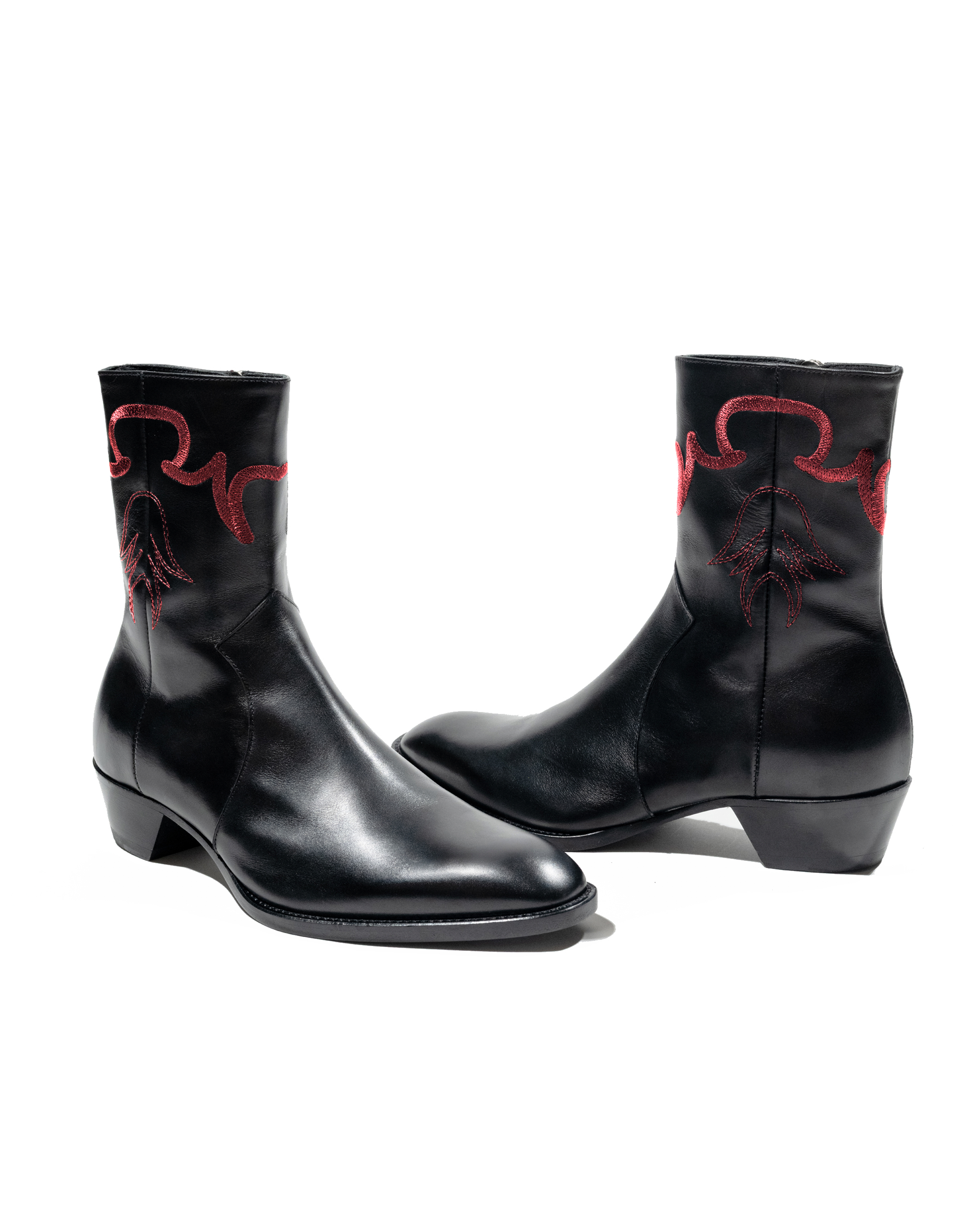 JJL Western Boots in Black Leather with Red Embroidery