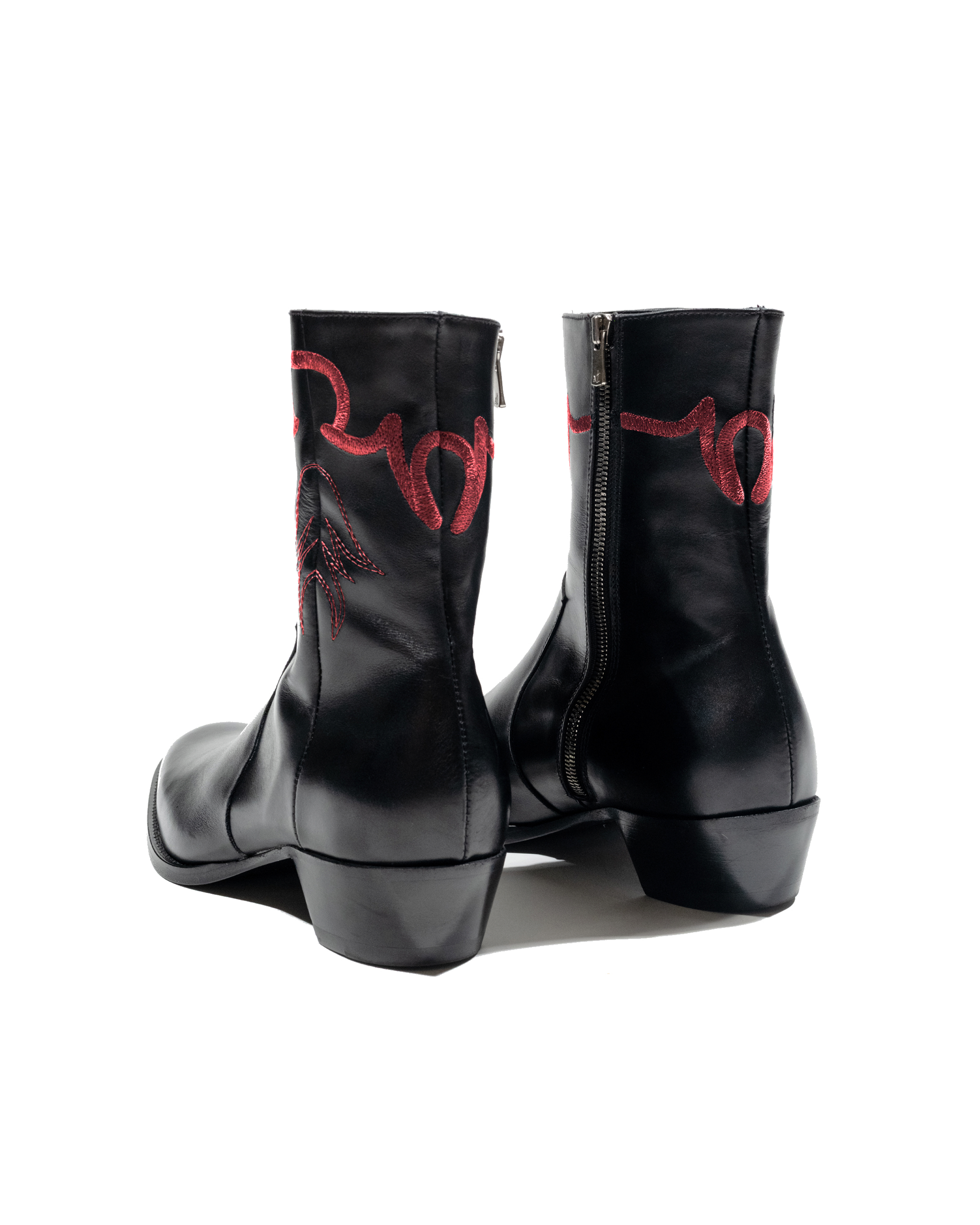JJL Western Boots in Black Leather with Red Embroidery