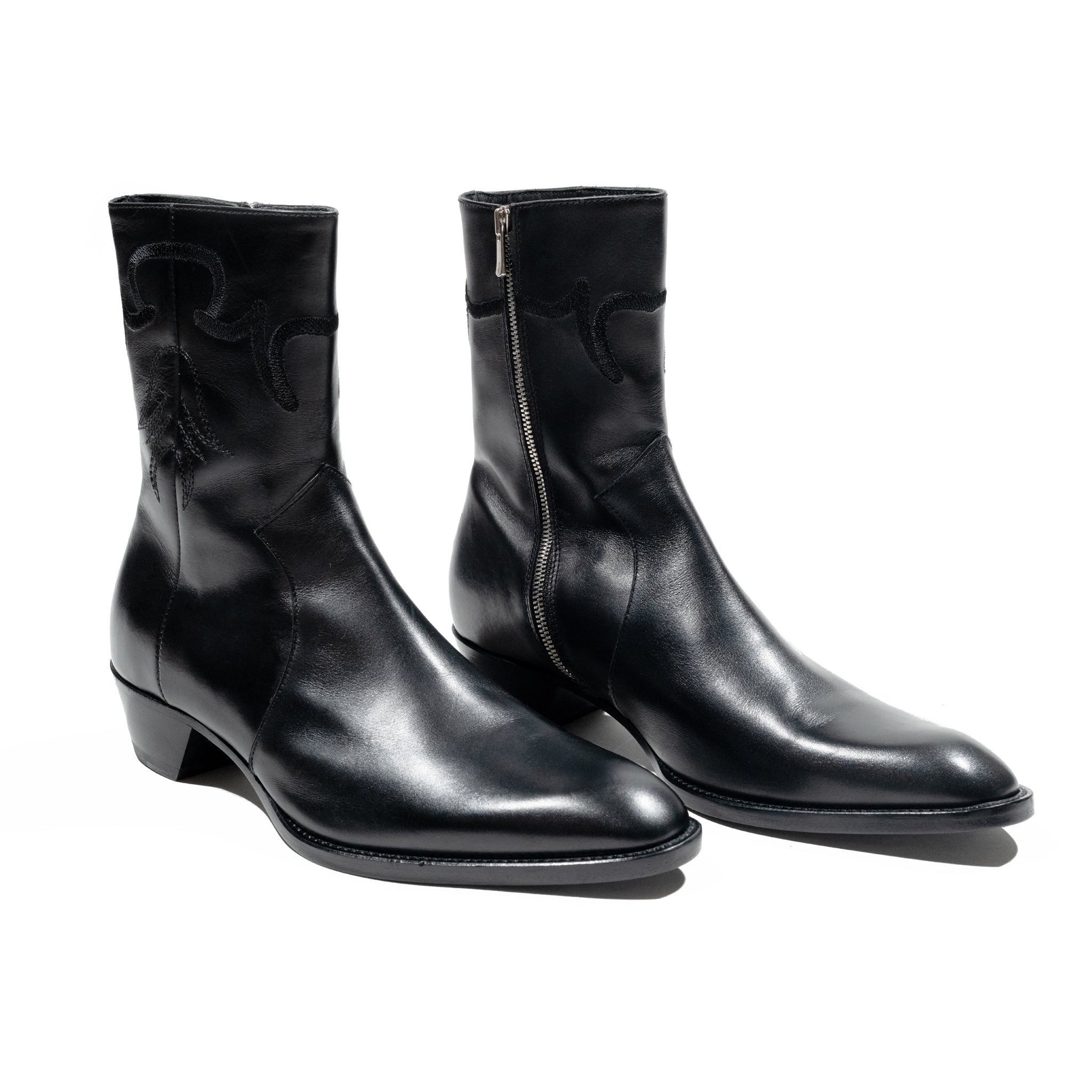 JJL Western Boots in Black Leather with Black Embroidery